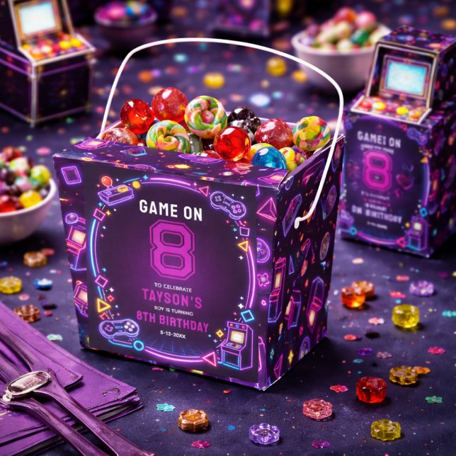 Neon Glow Retro Arcade Gaming 8th Birthday Favor Boxes (Neon Glow Retro Arcade Gaming 8th Birthday Favor Boxes)