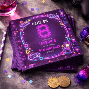 Neon Glow Retro Arcade Gaming 8th Birthday Napkins