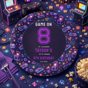 Neon Glow Retro Arcade Gaming 8th Birthday Paper Plates