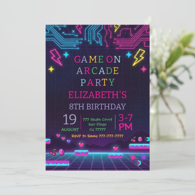Neon Glow Retro Arcade Gaming Birthday Party Invitation (Standing Front)