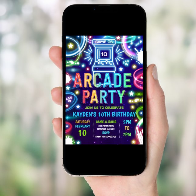 Neon Glow Retro Arcade Gaming Birthday Party Invitation (Front Digital)