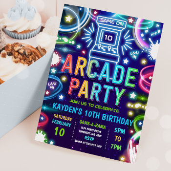 Neon Glow Retro Arcade Gaming Birthday Party Invitation by PixelPerfectionParty at Zazzle