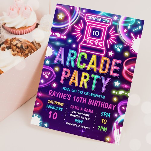 Neon Glow Retro Arcade Gaming Birthday Party Invitation