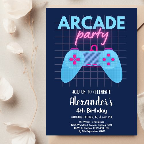 Neon Glow Retro Arcade Gaming Birthday Party  Invitation