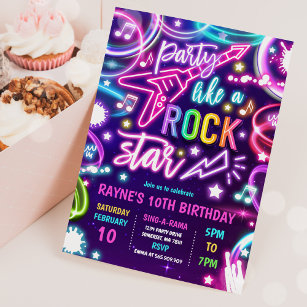 Neon Glow Rock Star Dance Music Birthday Party Invitation