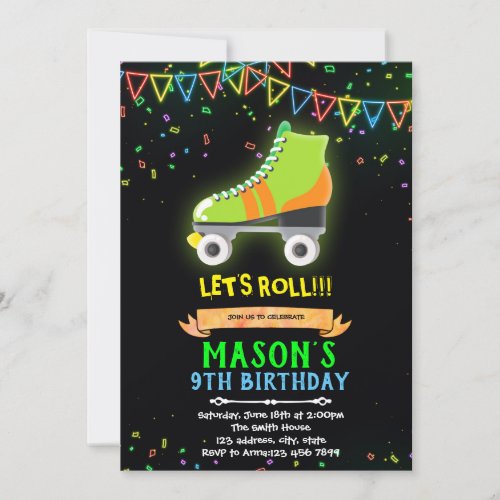 Neon glow roller skate theme birthday invitation