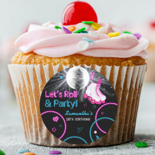 Neon Glow Roller Skating Let's Roll Birthday Party Classic Round Sticker