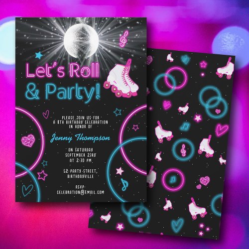 Neon Glow Roller Skating Lets Roll Birthday Party Invitation