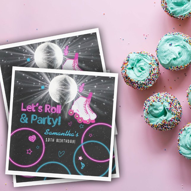 Neon Glow Roller Skating Let's Roll Birthday Party Napkins (Neon Glow Roller Skating Let's Roll Birthday Party Napkins)