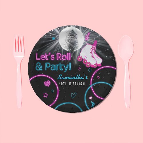 Neon Glow Roller Skating Lets Roll Birthday Party Paper Plates