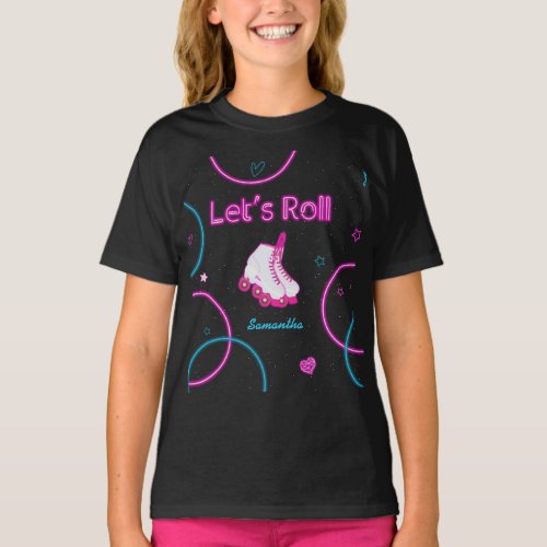 Neon Glow Roller Skating Lets Roll Birthday T_Shirt