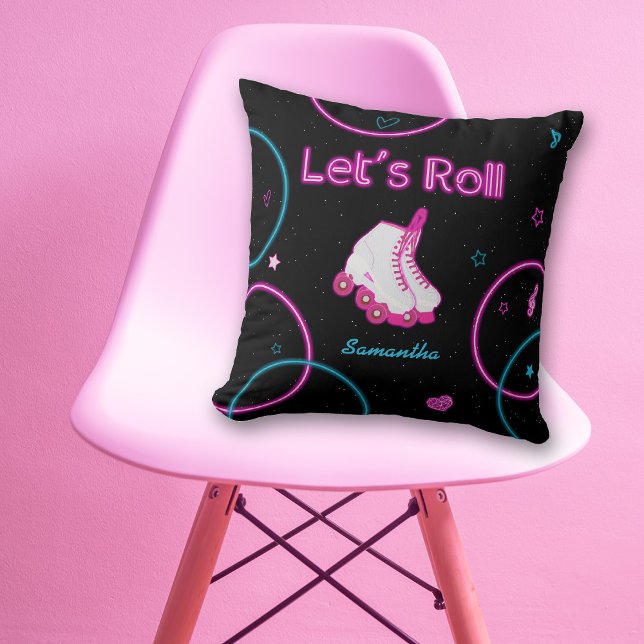 Neon Glow Roller Skating Let's Roll Girl  Throw Pillow (Neon Glow Roller Skating Let's Roll Girl Throw Pillow)
