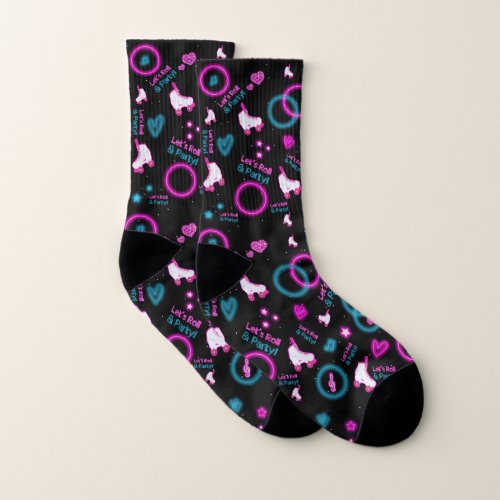 Neon Glow Roller Skating Lets Roll Pattern Socks