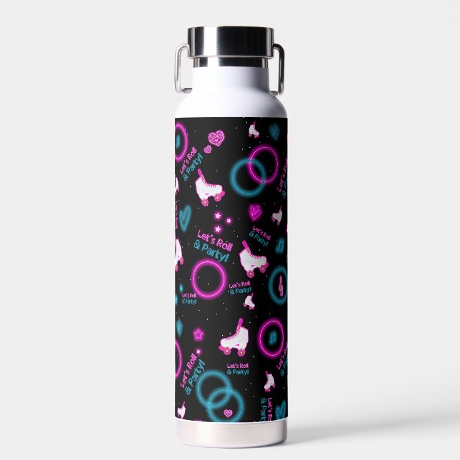 Neon Glow Roller Skating Let's Roll Pattern Water Bottle (Front)