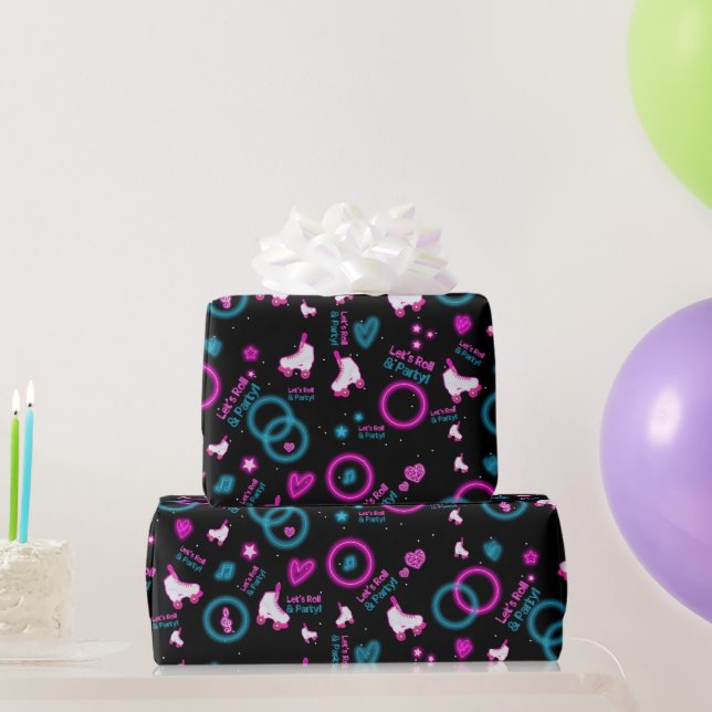 Neon Glow Roller Skating Let's Roll Pattern Wrapping Paper (Party Gifts)