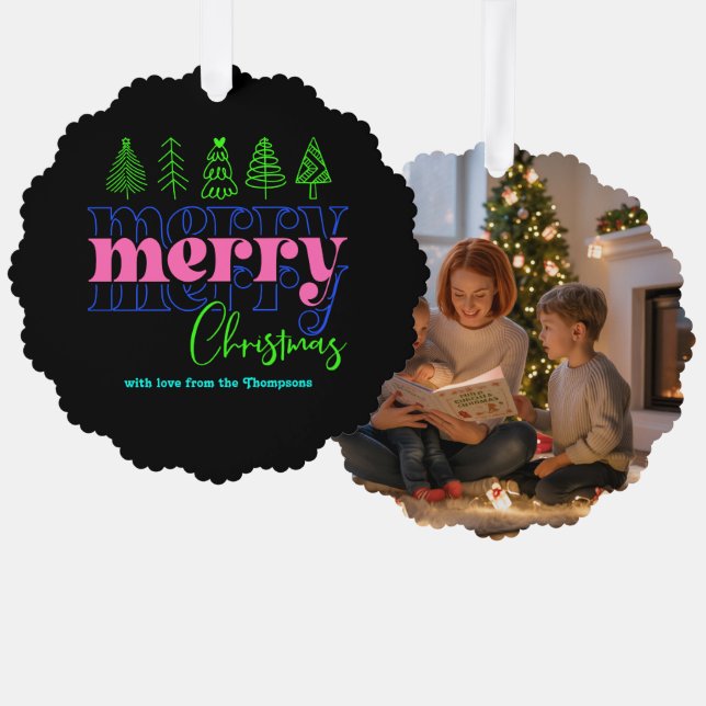 Neon Glow Scribbles Merry Christmas Keepsake Ornament Card (Front/Back)