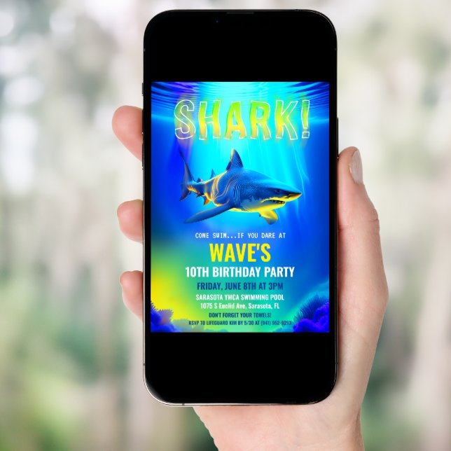 Neon Glow Shark Birthday Invitation (Front Digital)
