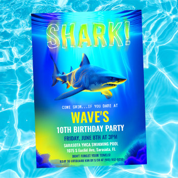 Neon Glow Shark Birthday Invitation by PaperandPomp at Zazzle