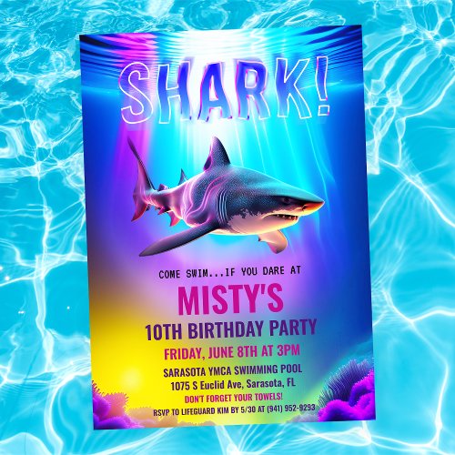 Neon Glow Shark Birthday Invitation