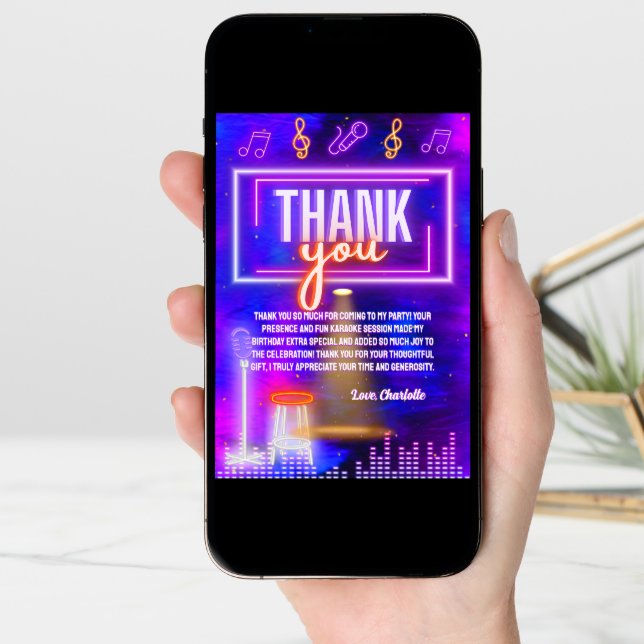 Neon Glow Sign Karaoke Birthday Party Thank You Card (Front Digital)