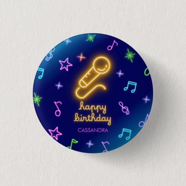Neon Glow Singing Karaoke Birthday Button (Front)
