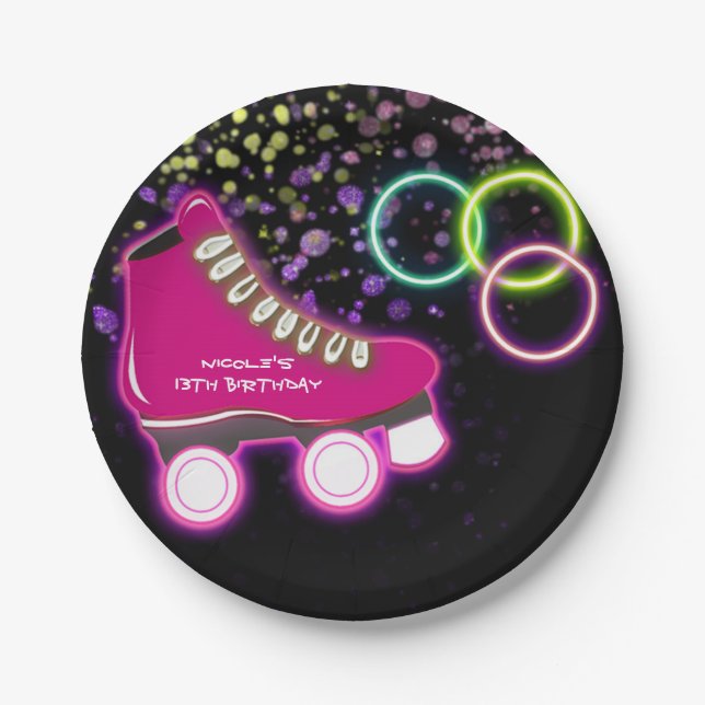 Neon Glow Skate Birthday Party Skating Paper Plates (Front)