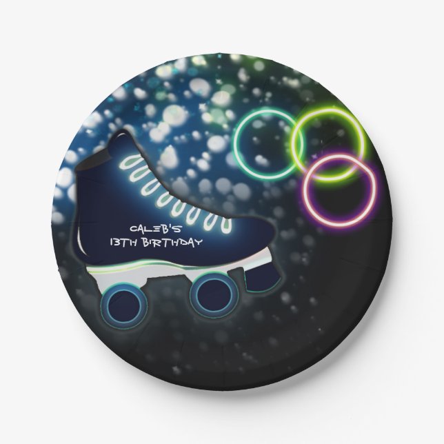 Neon Glow Skate Blue Birthday Party Skating Paper Plates (Front)