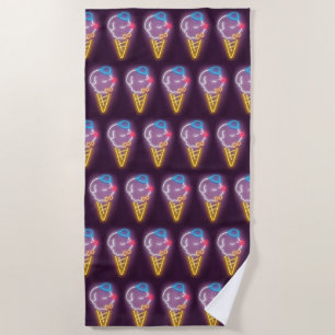 Neon Glow: Smiling Bichon Ice Cream Repeat Pattern Beach Towel