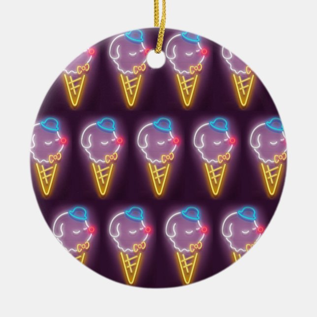 Neon Glow: Smiling Bichon Ice Cream Repeat Pattern Ceramic Ornament (Front)