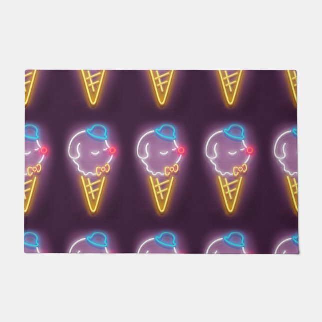 Neon Glow: Smiling Bichon Ice Cream Repeat Pattern Doormat (Front)