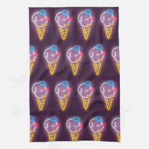 Neon Glow: Smiling Bichon Ice Cream Repeat Pattern Kitchen Towel