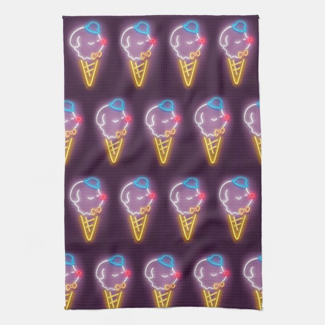 Neon Glow: Smiling Bichon Ice Cream Repeat Pattern Kitchen Towel (Vertical)