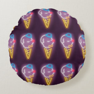 Neon Glow: Smiling Bichon Ice Cream Repeat Pattern Round Pillow