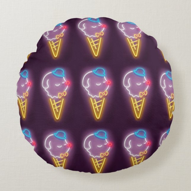 Neon Glow: Smiling Bichon Ice Cream Repeat Pattern Round Pillow (Front)