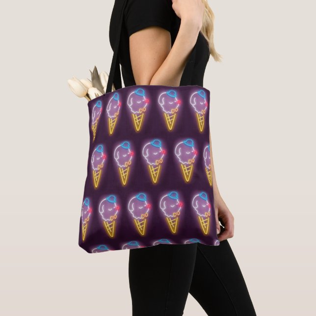 Neon Glow: Smiling Bichon Ice Cream Repeat Pattern Tote Bag (Close Up)