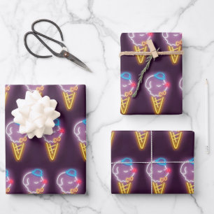 Neon Glow: Smiling Bichon Ice Cream Repeat Pattern Wrapping Paper Sheets