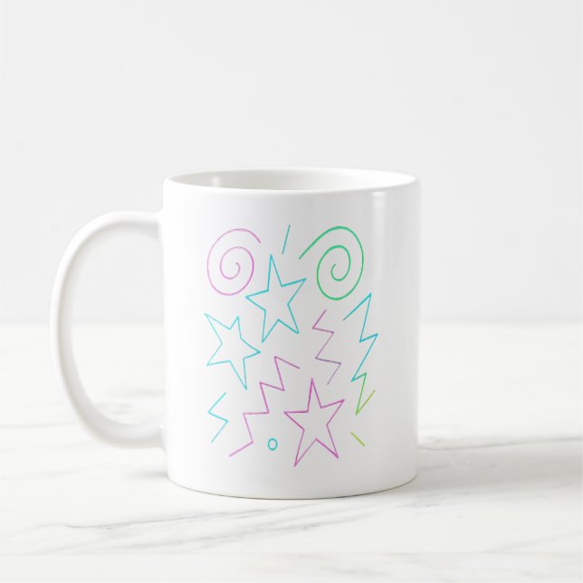 Neon Glow Stars & Swirls Pattern Coffee Mug (Left)