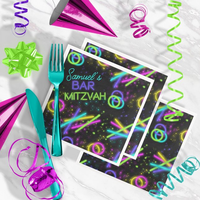 Neon Glow Stick Bar Mitzvah ID991 Paper Dinner Napkins (In Situ)
