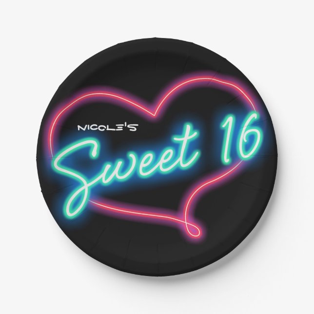Neon Glow SWEET 16 Heart Birthday Party Paper Plates (Front)