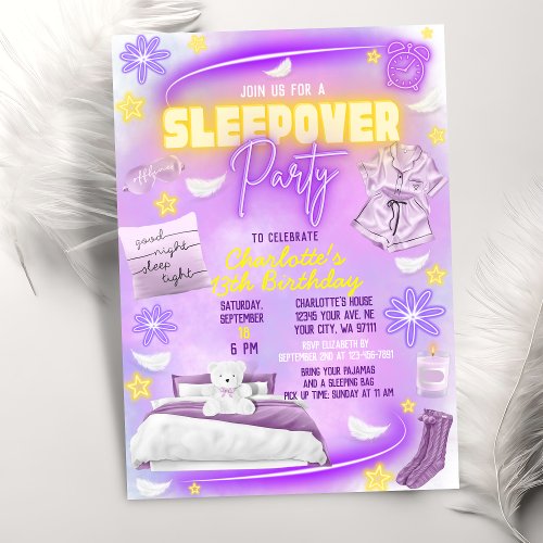 Neon Glow Teen Tween Girls Slumber Sleepover Party Invitation