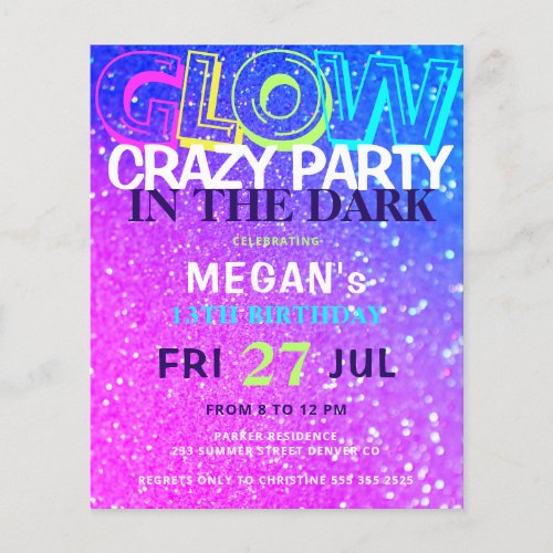Neon glow teens budget birthday party invitation