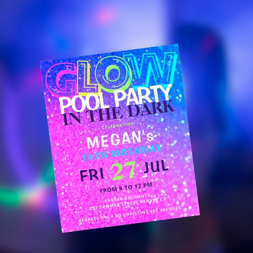 Neon glow teens budget birthday party invitation