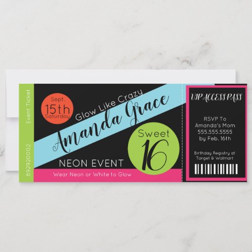 Neon Glow Ticket Sweet Sixteen Birthday VIP Invitation