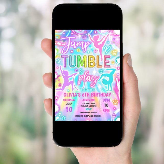 Neon Glow Tie Dye Gymnastics Birthday Party Invitation (Front Digital)