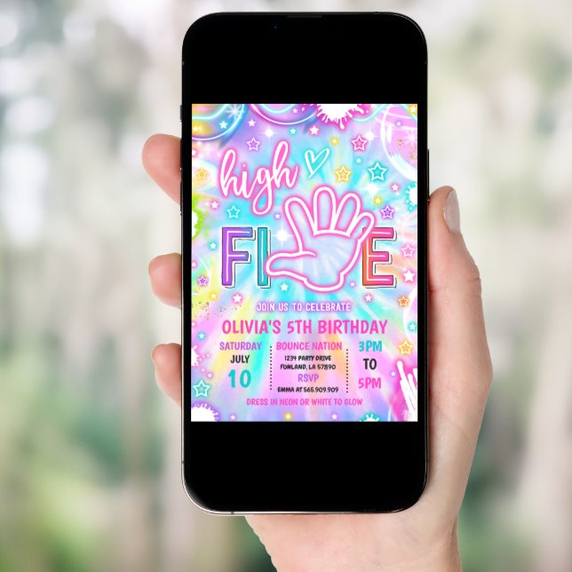Neon Glow Tie Dye High Five 5th Birthday Party Invitation (Front Digital)