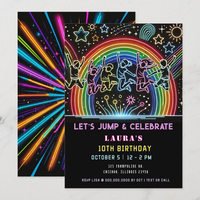 Neon Glow Trampoline Jump Bounce Birthday Invitation (Front/Back)