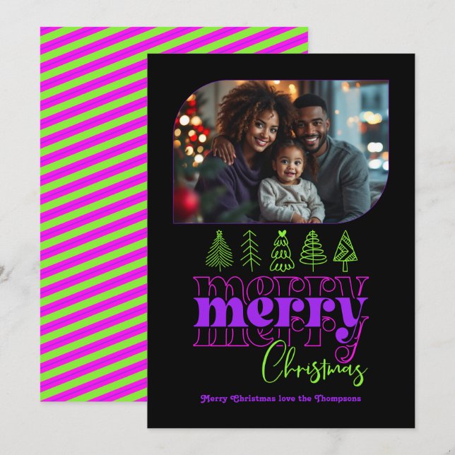 Neon Glow Tree Doodle Modern Retro Holiday Photo Card (Front/Back)