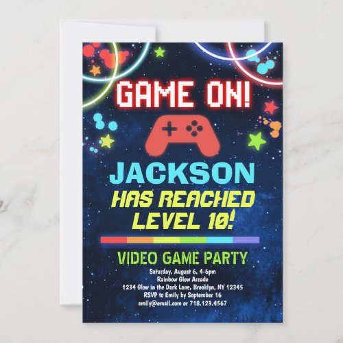 Neon Glow Video Game Birthday Party Invitation