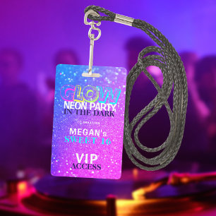 Neon glow VIP access Sweet 16 birthday invitation Badge