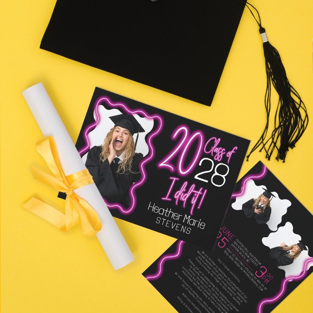 Neon Glow Wavy Border Photo Graduation Ceremony Invitation (Creator Uploaded)